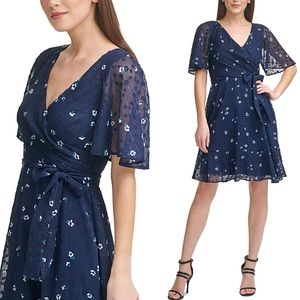 💙DKNY Zippered Ruffled Sheer Lined Floral Flutter Sleeve Wrap Navy Dress